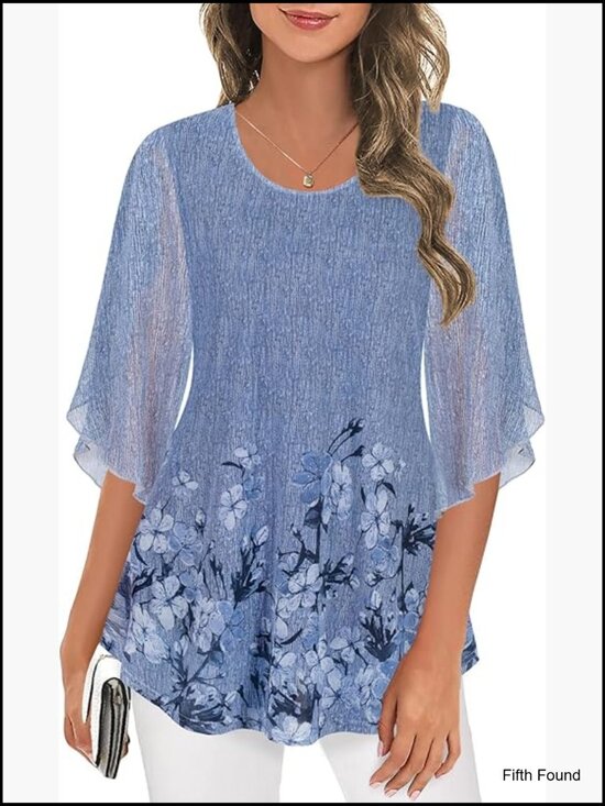 Tops - Womens 3/4 Sleeve Double Layer Mesh Tunic Blouse Dressy Casual Top